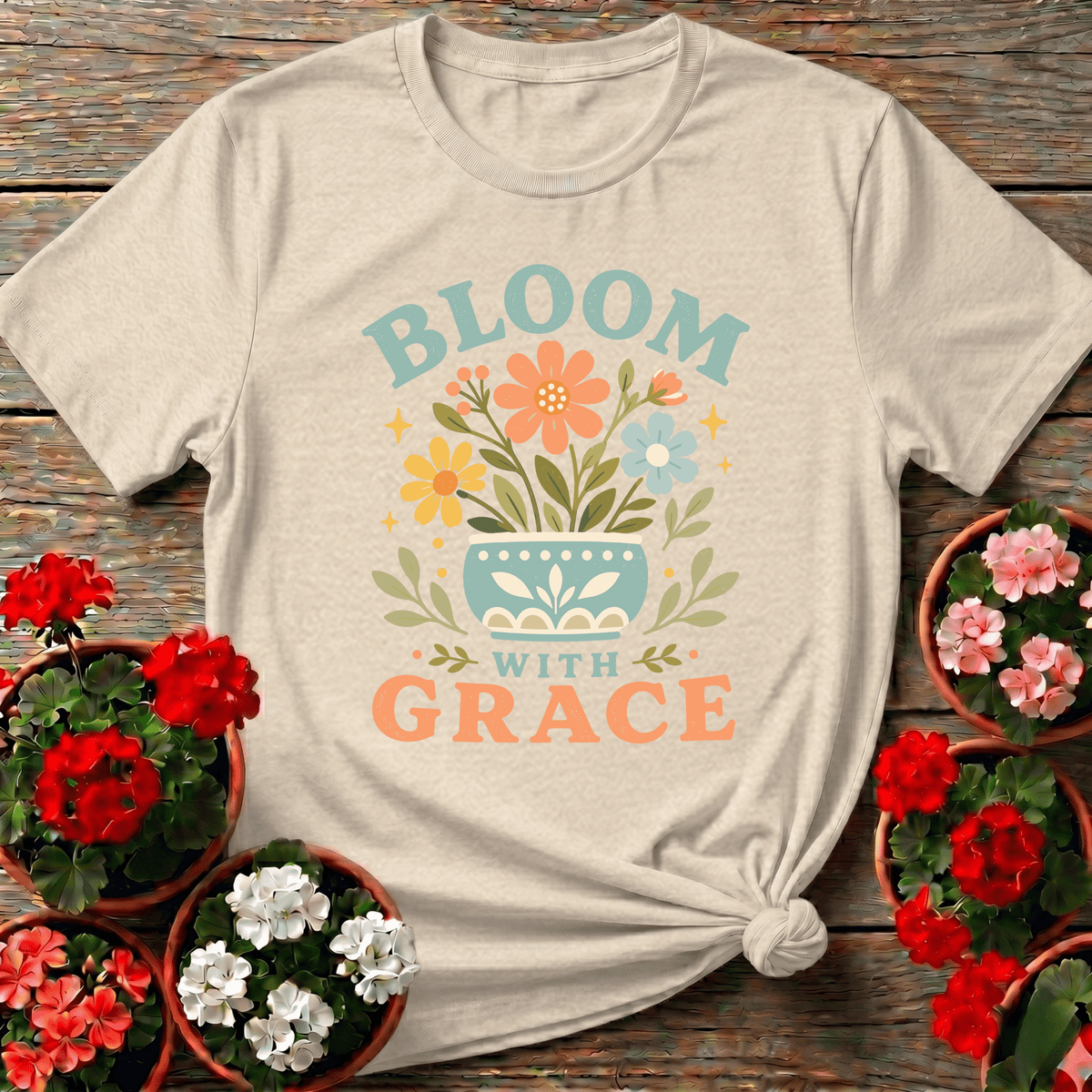 Natural warm vintage-finish floral pot gardening tee with "Bloom With Grace" for journal-keeping gardeners