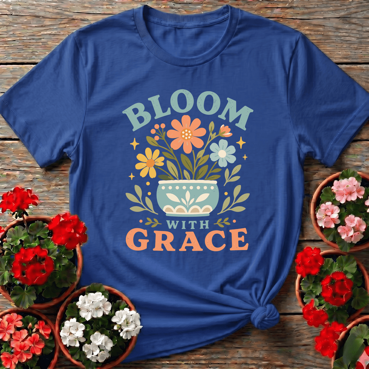 Royal sun-warmed retro floral pot t-shirt with "Bloom With Grace" for boho gardening enthusiasts