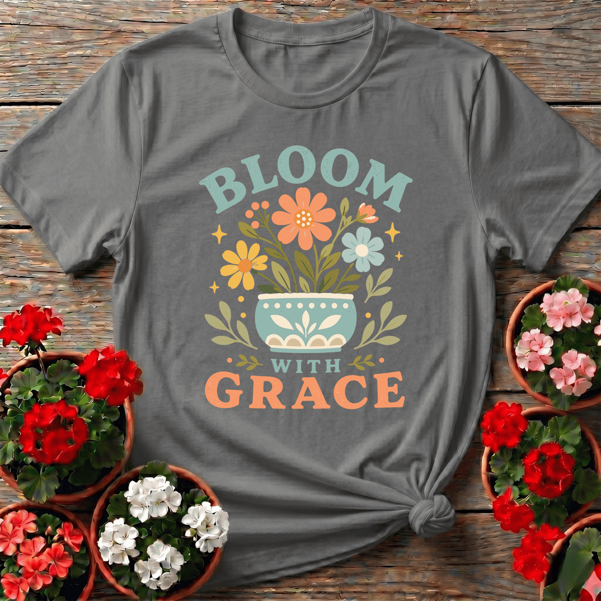 Sport Gray cottagecore vintage floral pot gardening tee with "Bloom With Grace" for slow-growth gardeners