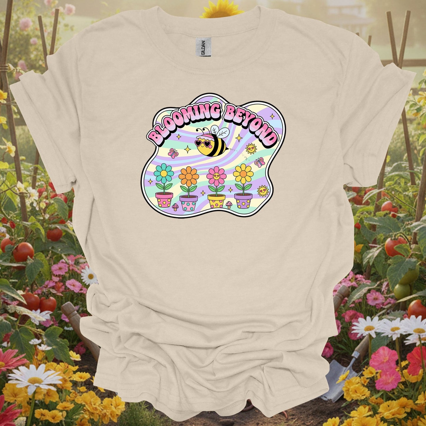 Natural tshirt showing blooming beyond cute bee retro y2k gardener for people who love plants