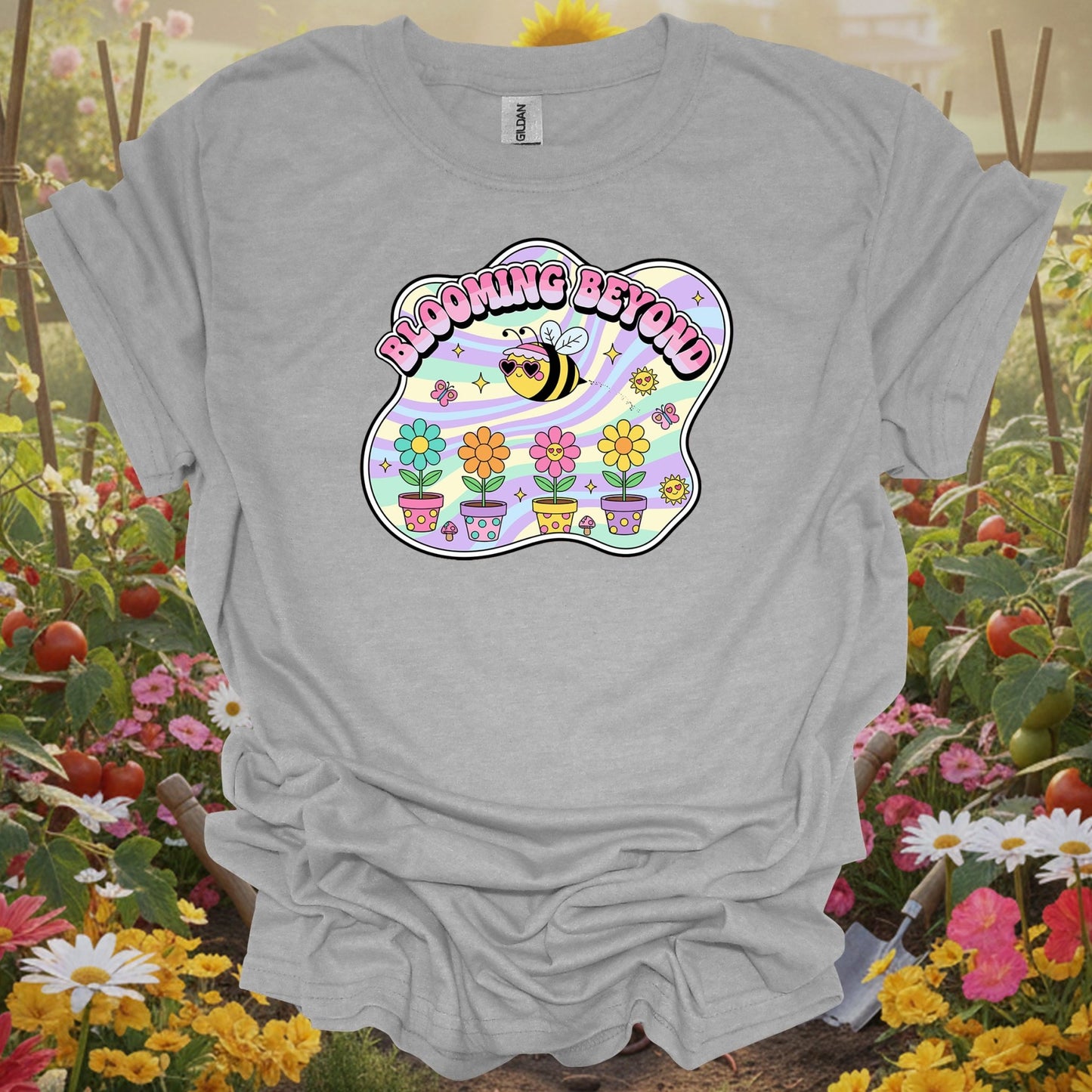 Sport Grey tee showing blooming beyond cute bee retro y2k gardener for garden hobbyists