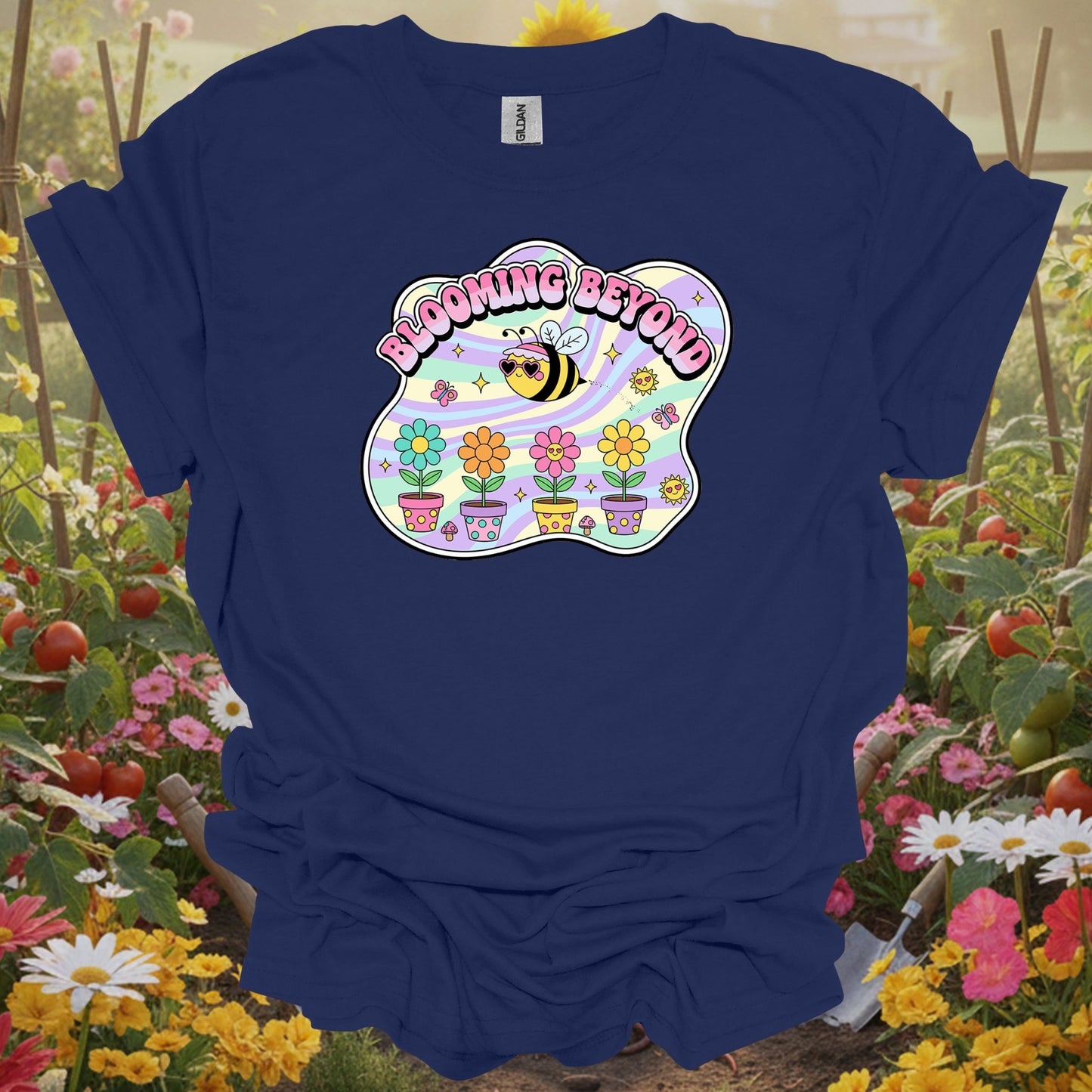Navy top showing blooming beyond cute bee retro y2k gardener for green thumb folks