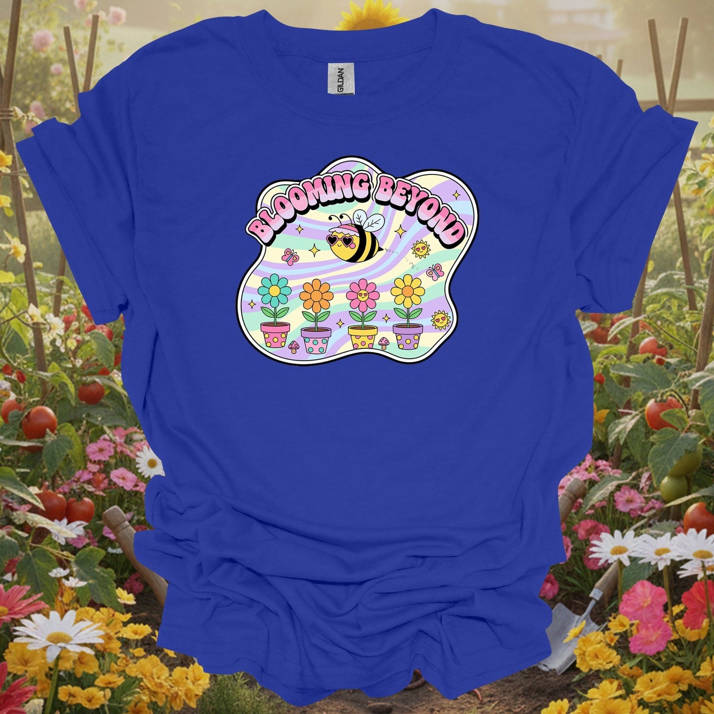 Royal tshirt showing blooming beyond cute bee retro y2k gardener for backyard growers