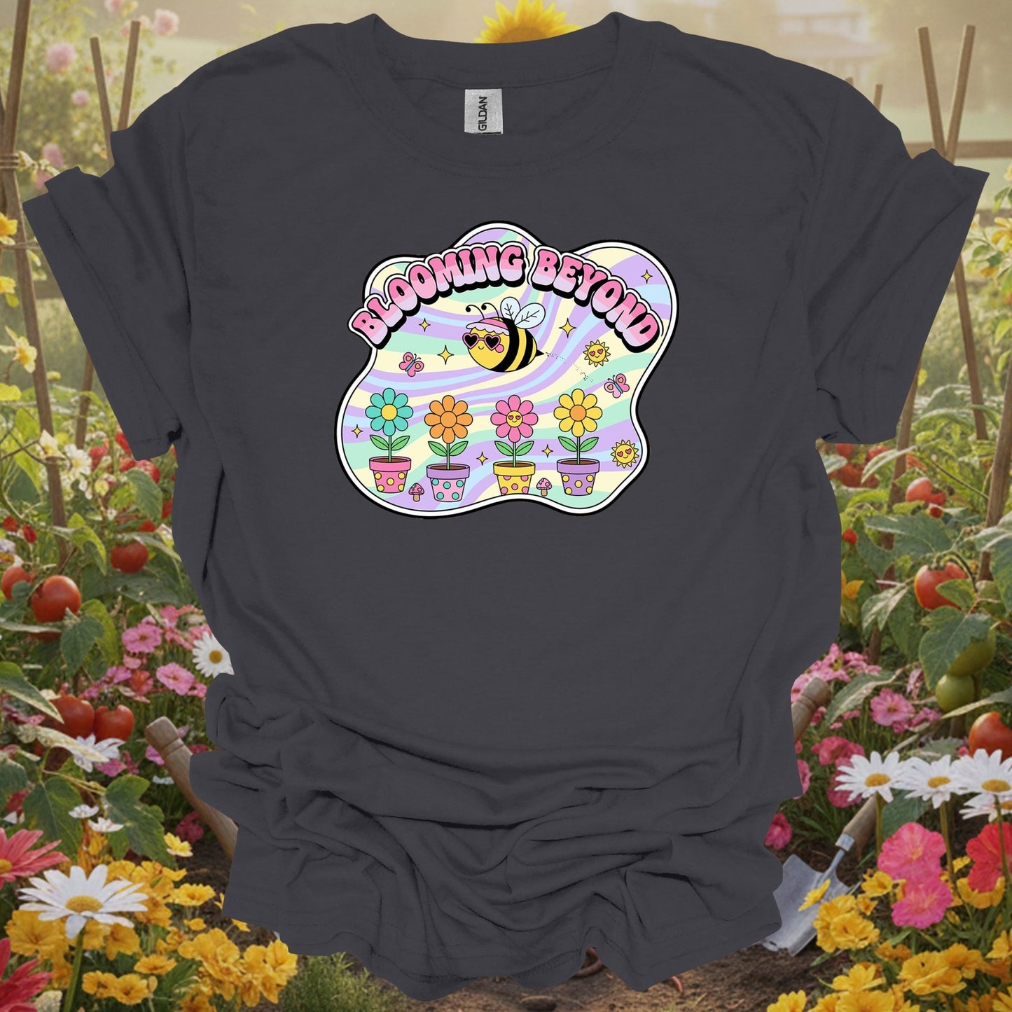 Charcoal tee showing blooming beyond cute bee retro y2k gardener for plant lovers
