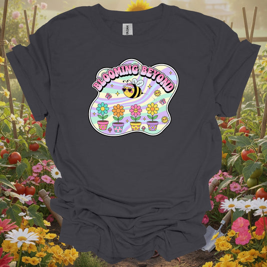 Charcoal tee showing blooming beyond cute bee retro y2k gardener for plant lovers