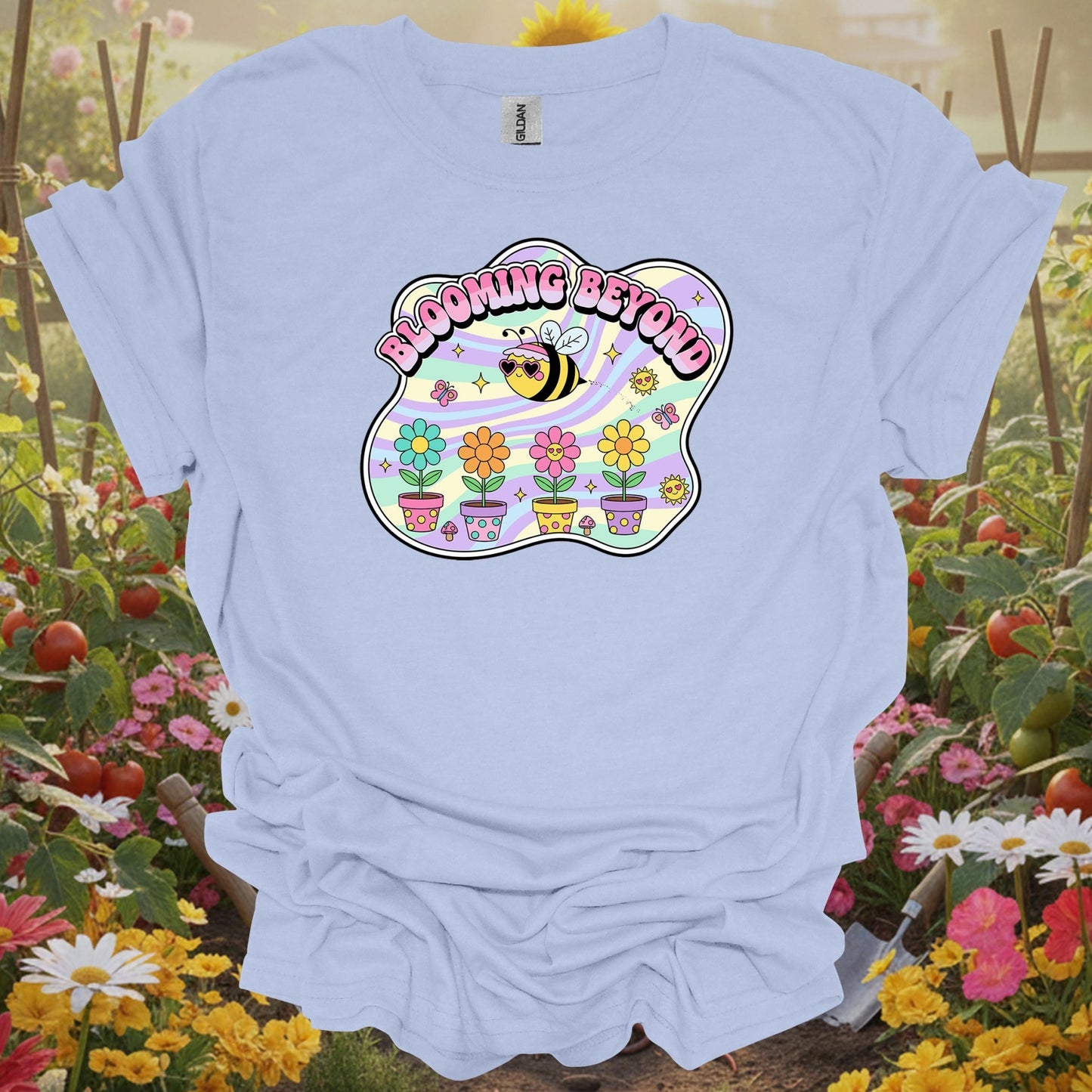 Light Blue shirt showing blooming beyond cute bee retro y2k gardener for home gardeners