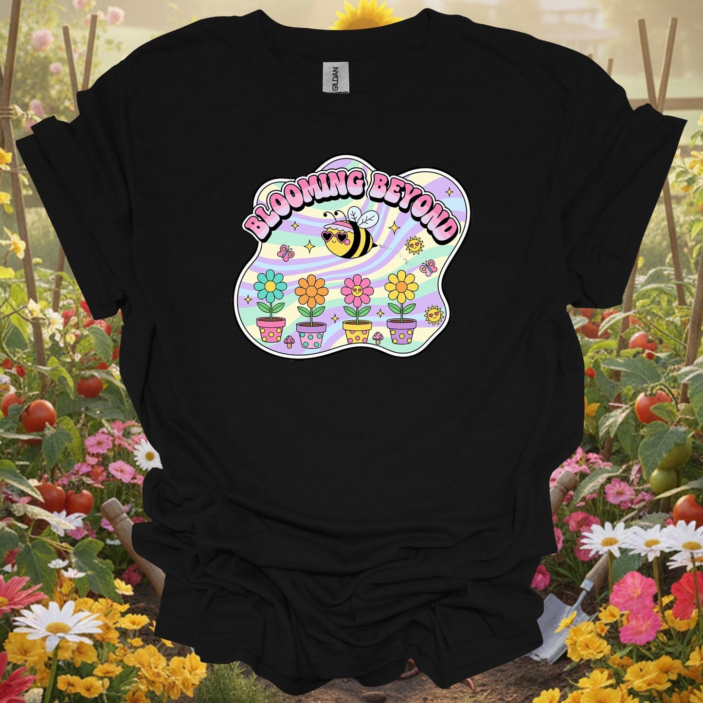 Black tshirt showing blooming beyond cute bee retro y2k gardener for gardening enthusiasts