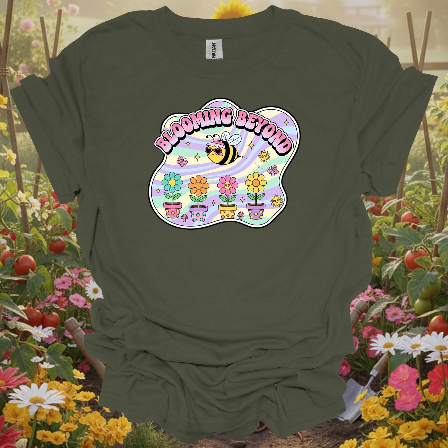 Military Green top showing blooming beyond cute bee retro y2k gardener for nature lovers