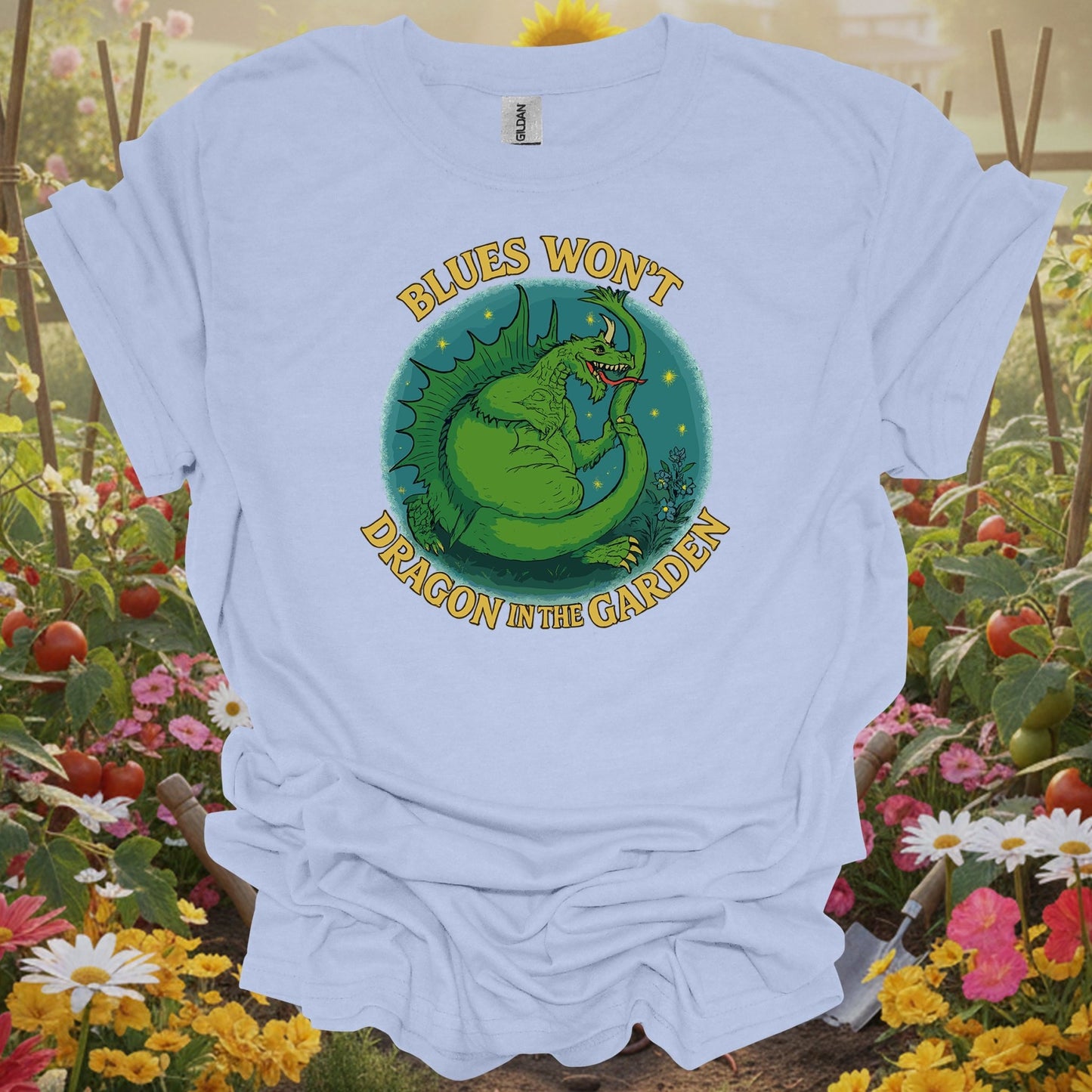 Light Blue tee showing funny dragon with blues won't dragon garden pun for garden humor lovers