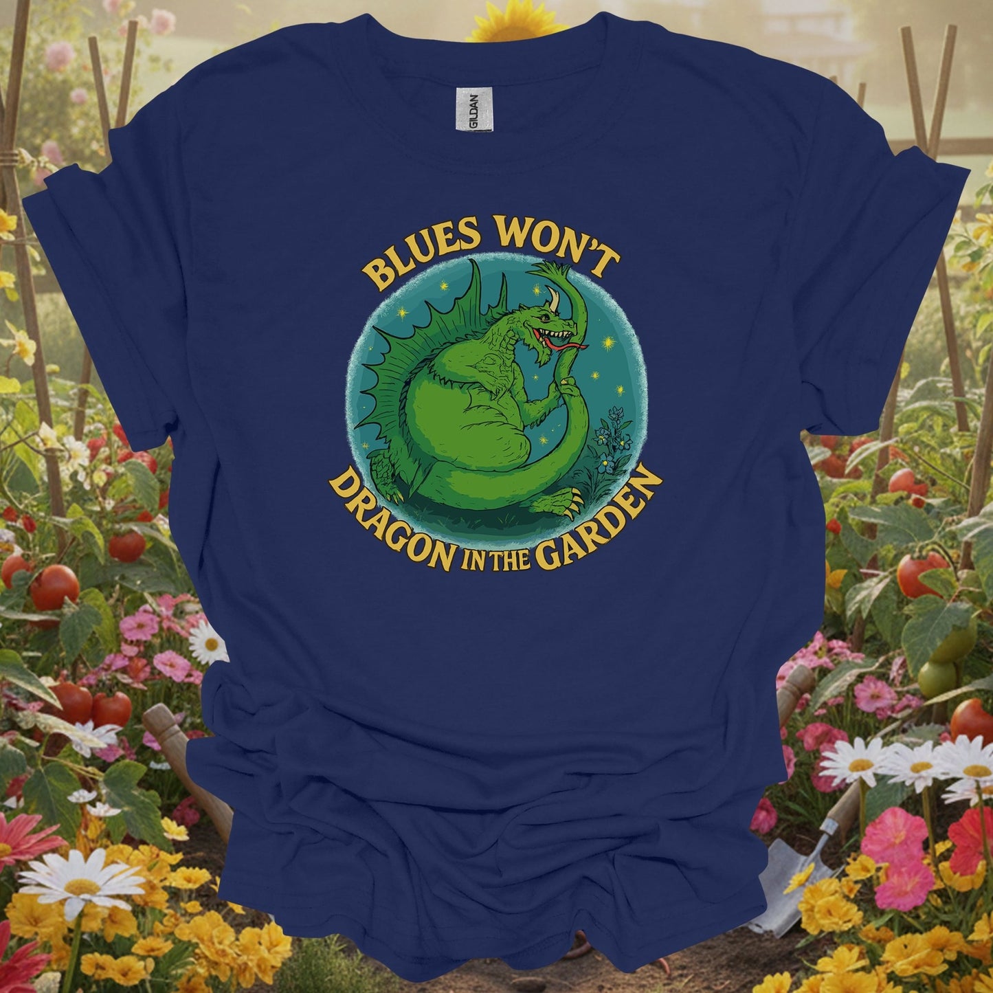 Navy shirt showing funny dragon with blues won't dragon garden pun for folks who stay positive