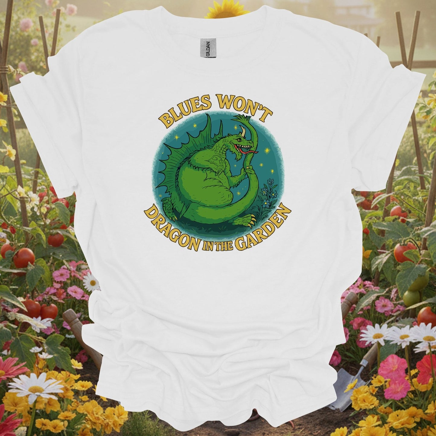 White tee showing funny dragon with blues won't dragon garden pun for fantasy-loving gardeners