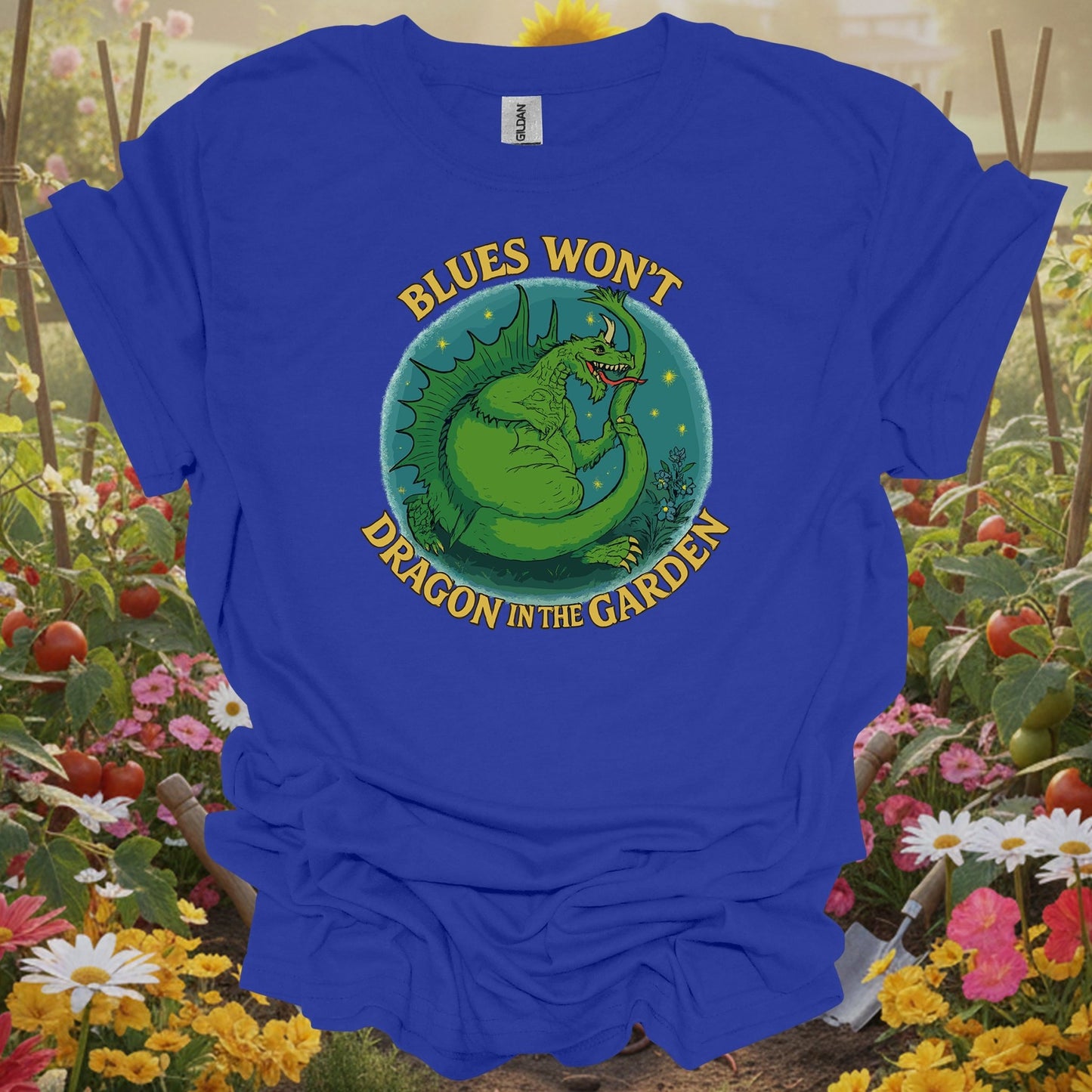 Royal top showing funny dragon with blues won't dragon garden pun for mythical creature fans