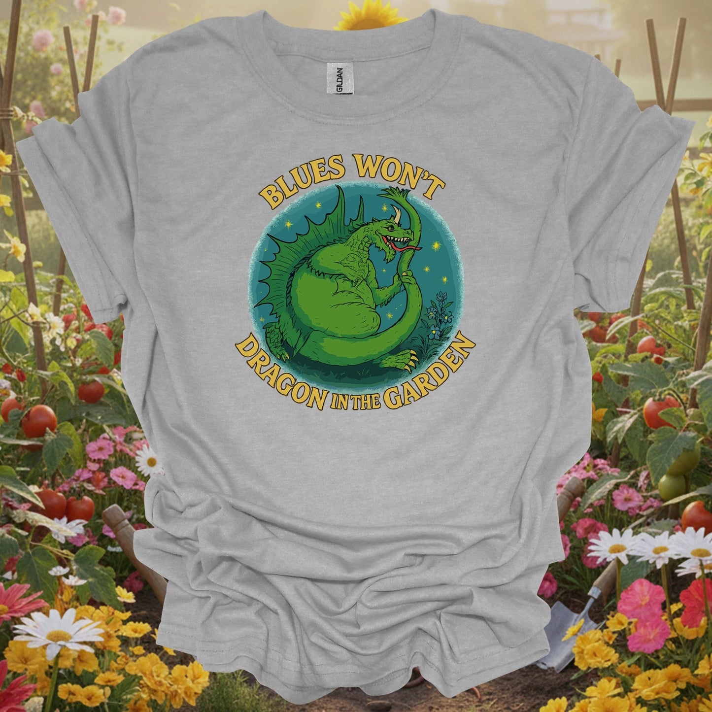 Sport Grey tshirt showing funny dragon with blues won't dragon garden pun for people fighting garden blues