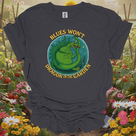 Charcoal tshirt showing funny dragon with blues won't dragon garden pun for dragon enthusiasts