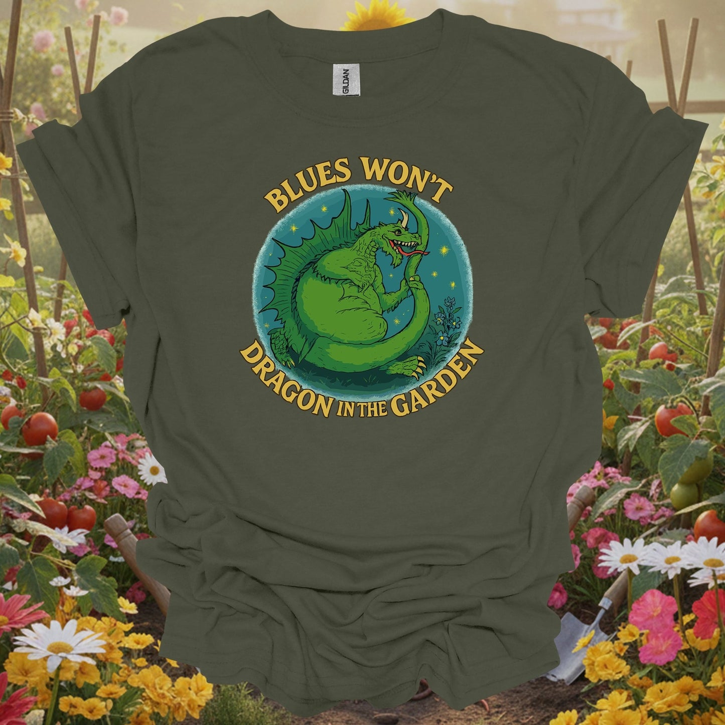 Military Green top showing funny dragon with blues won't dragon garden pun for gardeners with resilience