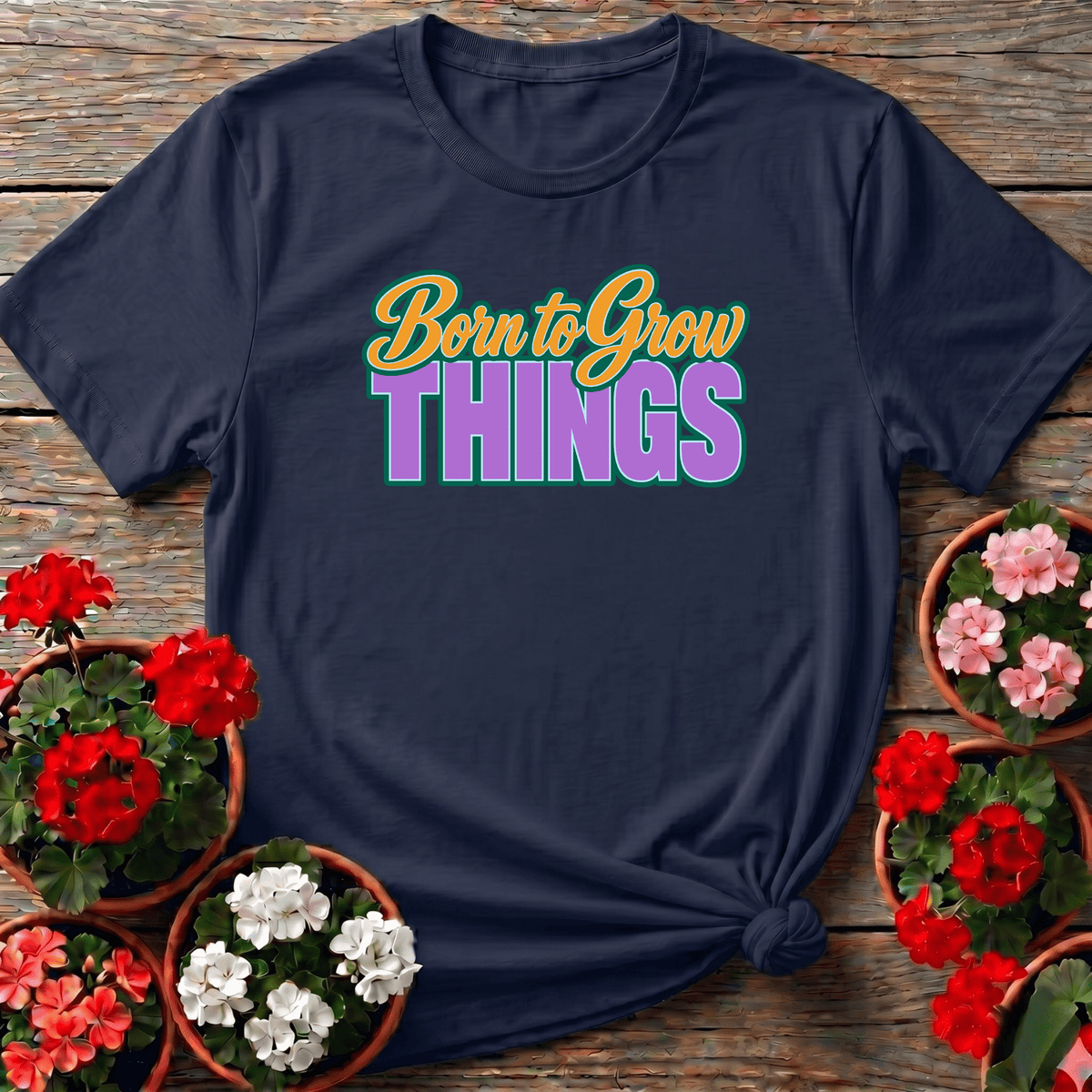 Navy retro-script cheerful gardening t-shirt with "Born to Grow Things" for plant lovers