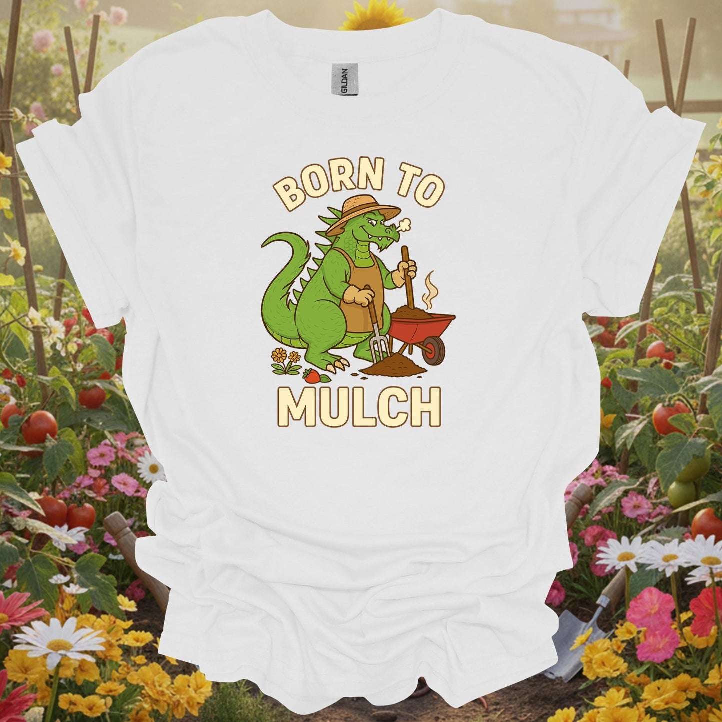 White tee showing born to mulch funny kaiju gardener for lighthearted plant parents