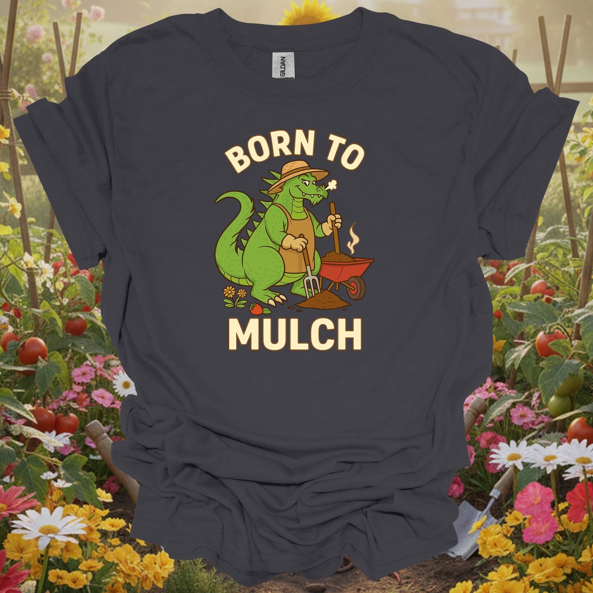 Charcoal tee showing born to mulch funny kaiju gardener for folks who love garden puns