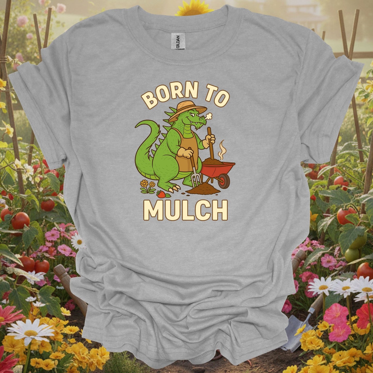 Sport Grey tshirt showing born to mulch funny kaiju gardener for gardeners who laugh