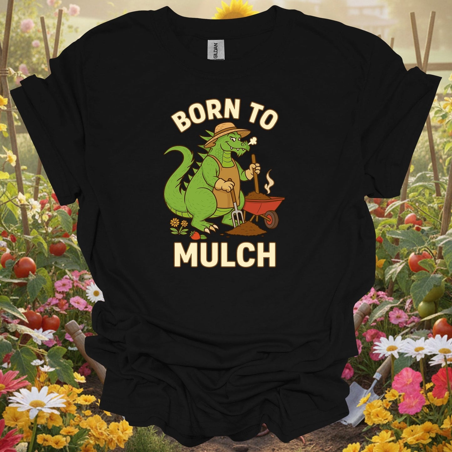 Black shirt showing born to mulch funny kaiju gardener for folks who joke about gardening