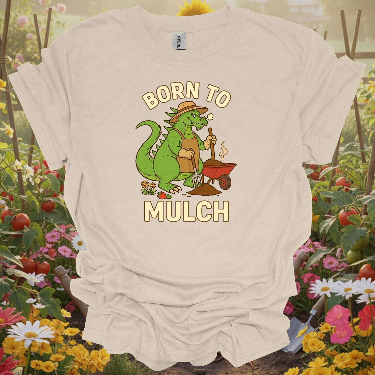 Natural tshirt showing born to mulch funny kaiju gardener for people who find garden humor