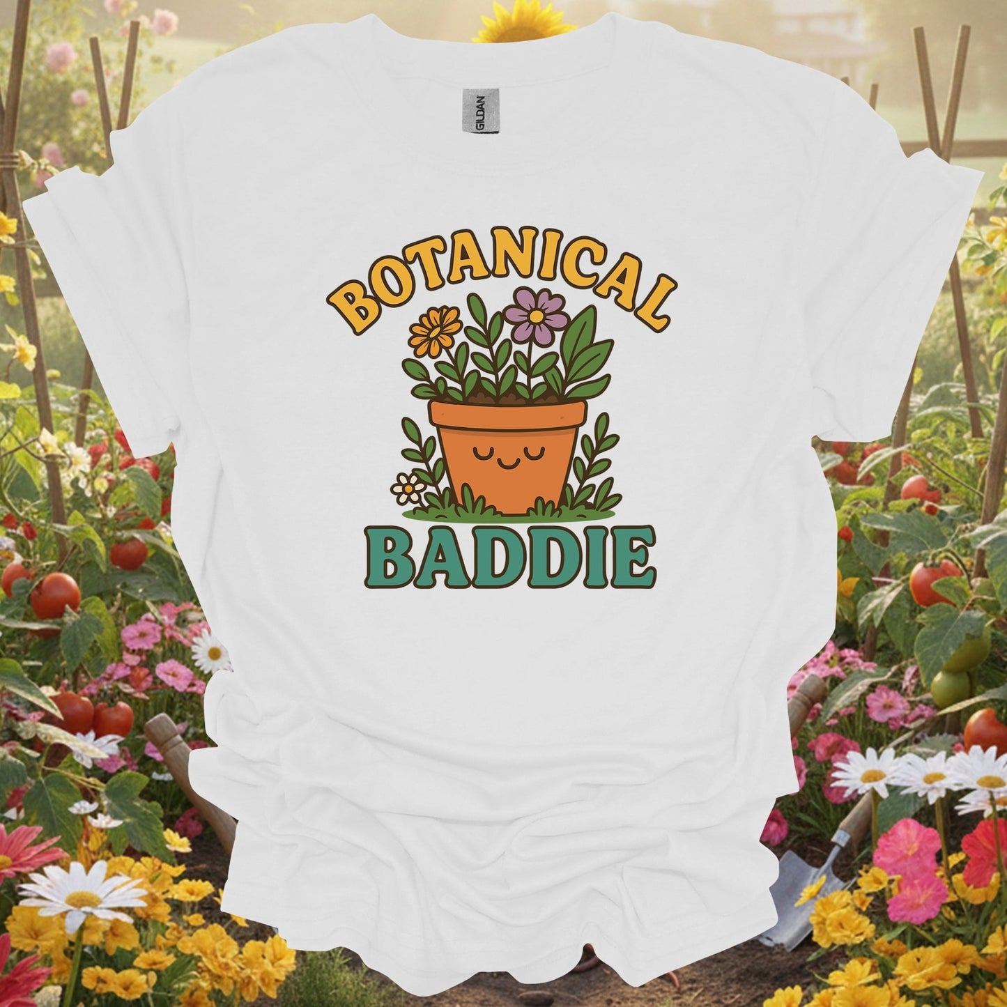 White botanical baddie bold gardener gardening shirt for sassy gardeners, bold personalities, modern plant lovers, trendse...
