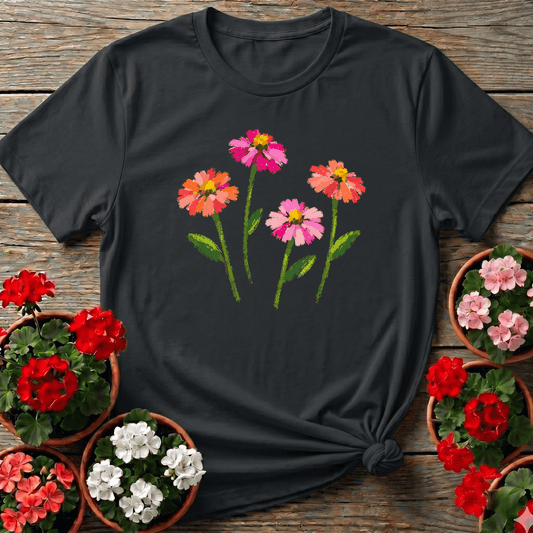 Black cottagecore hand-painted zinnia gardening tee with coral and pink blooms for flower growers