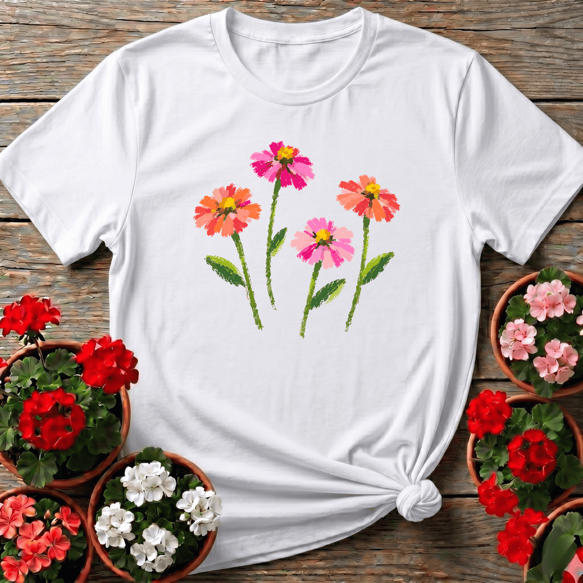 White painterly floral gardening shirt with bright zinnia blooms for cut-flower garden lovers