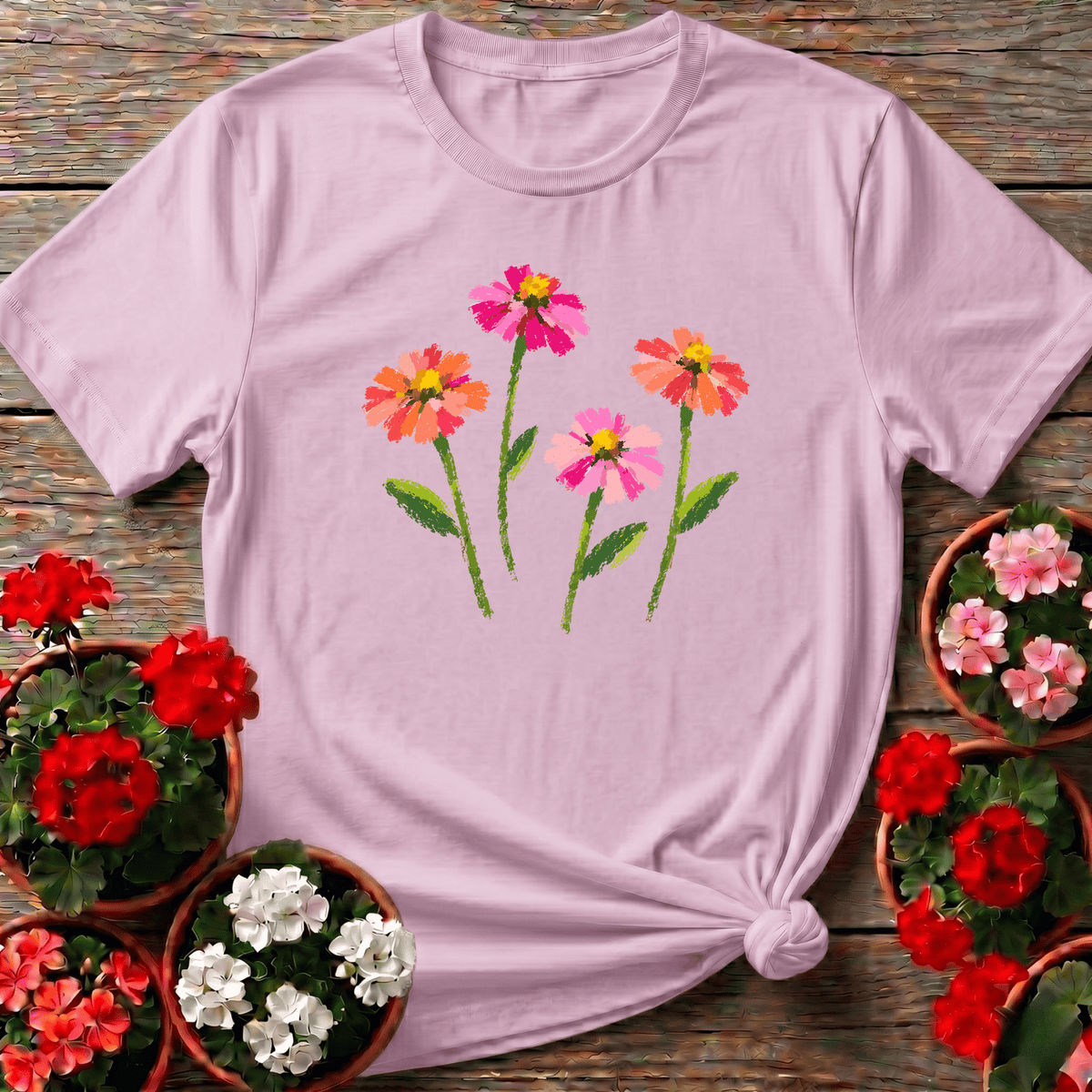 Light Pink soft cottagecore zinnia gardening tee with expressive brushstroke flowers for plant enthusiasts