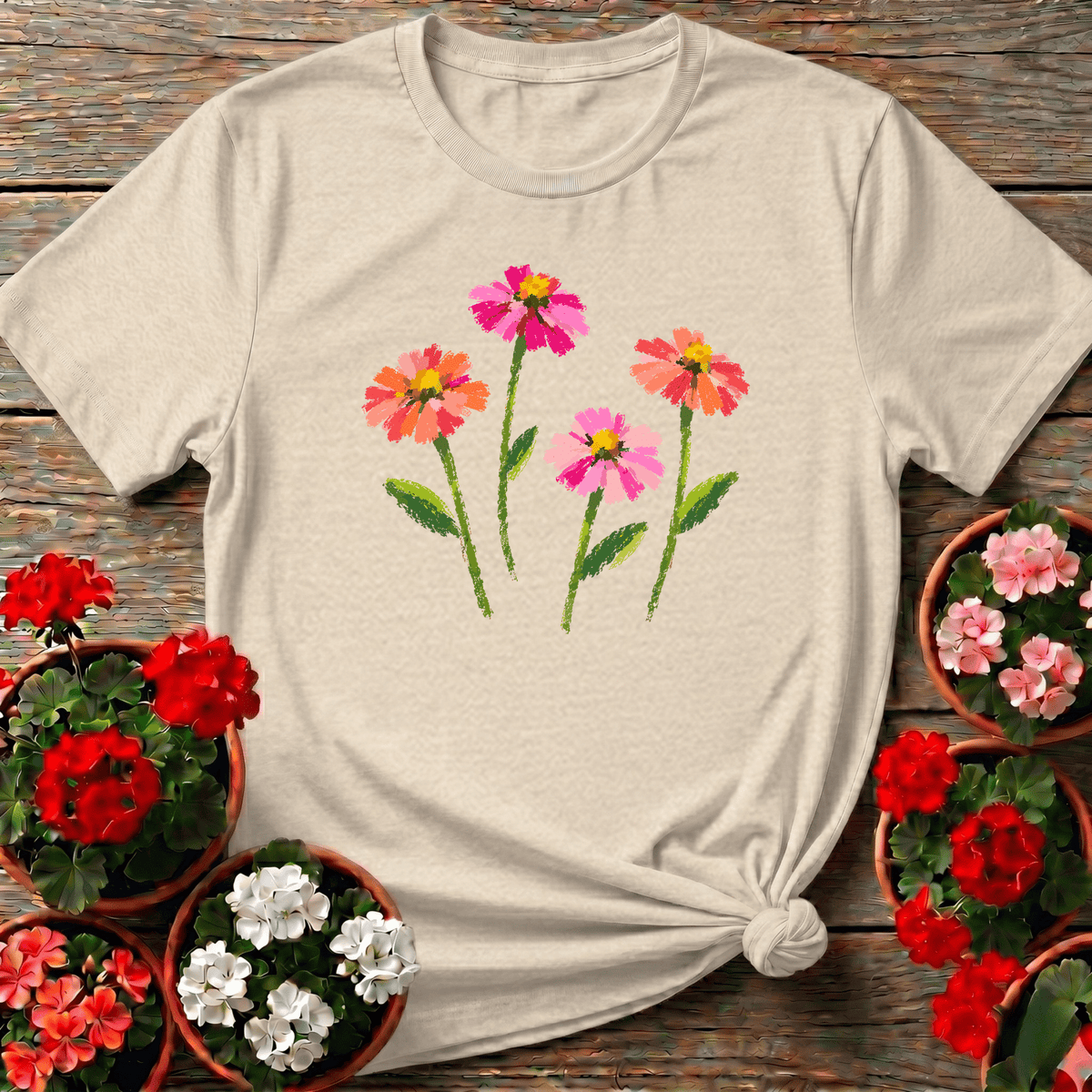 Natural painterly floral zinnia shirt with golden-centered blooms for cottage garden lovers