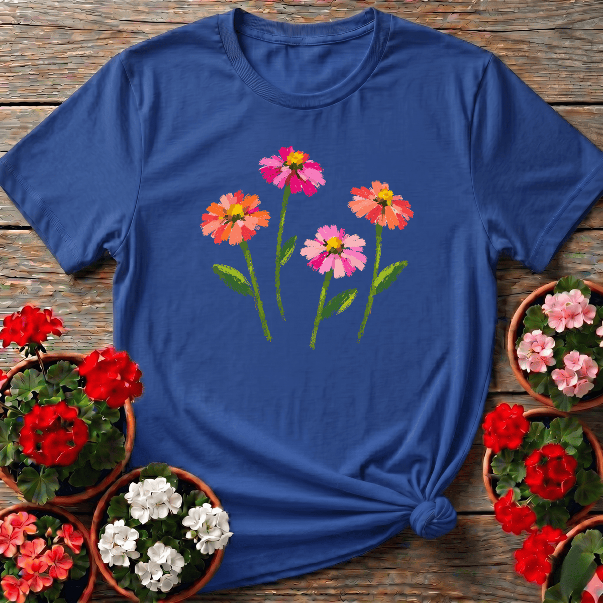 Royal expressive floral gardening shirt featuring four colorful zinnias for flower enthusiasts
