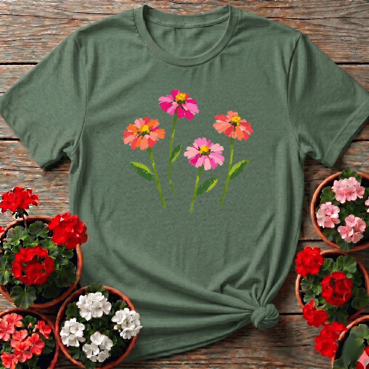 Military Green artsy summer zinnia gardening tee with warm coral and pink blooms for flower growers
