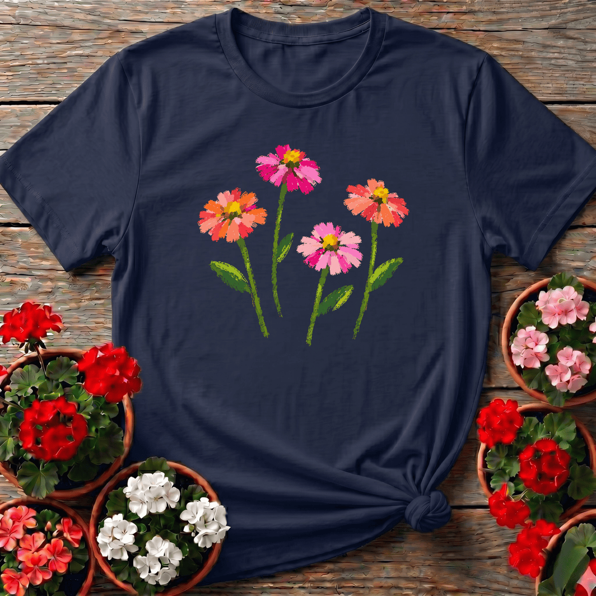 Navy artsy brushstroke zinnia tee with coral peach and hot pink flowers for summer gardeners