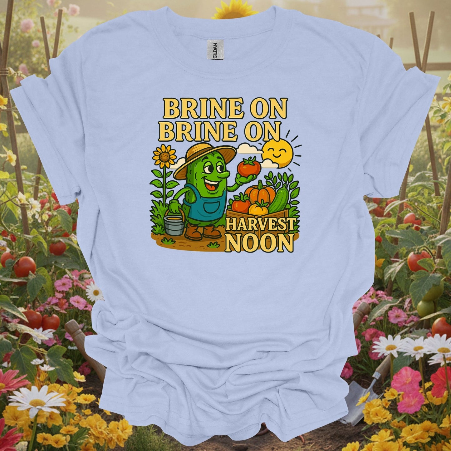 Light Blue shirt showing funny pickle with brine on harvest moon pun for folks with harvest humor