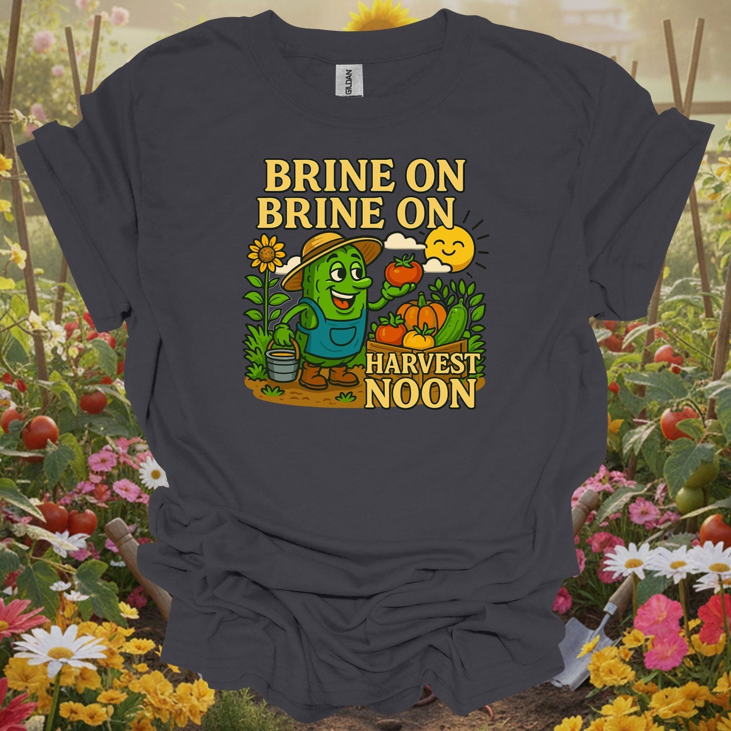 Charcoal tee showing funny pickle with brine on harvest moon pun for garden pun enthusiasts