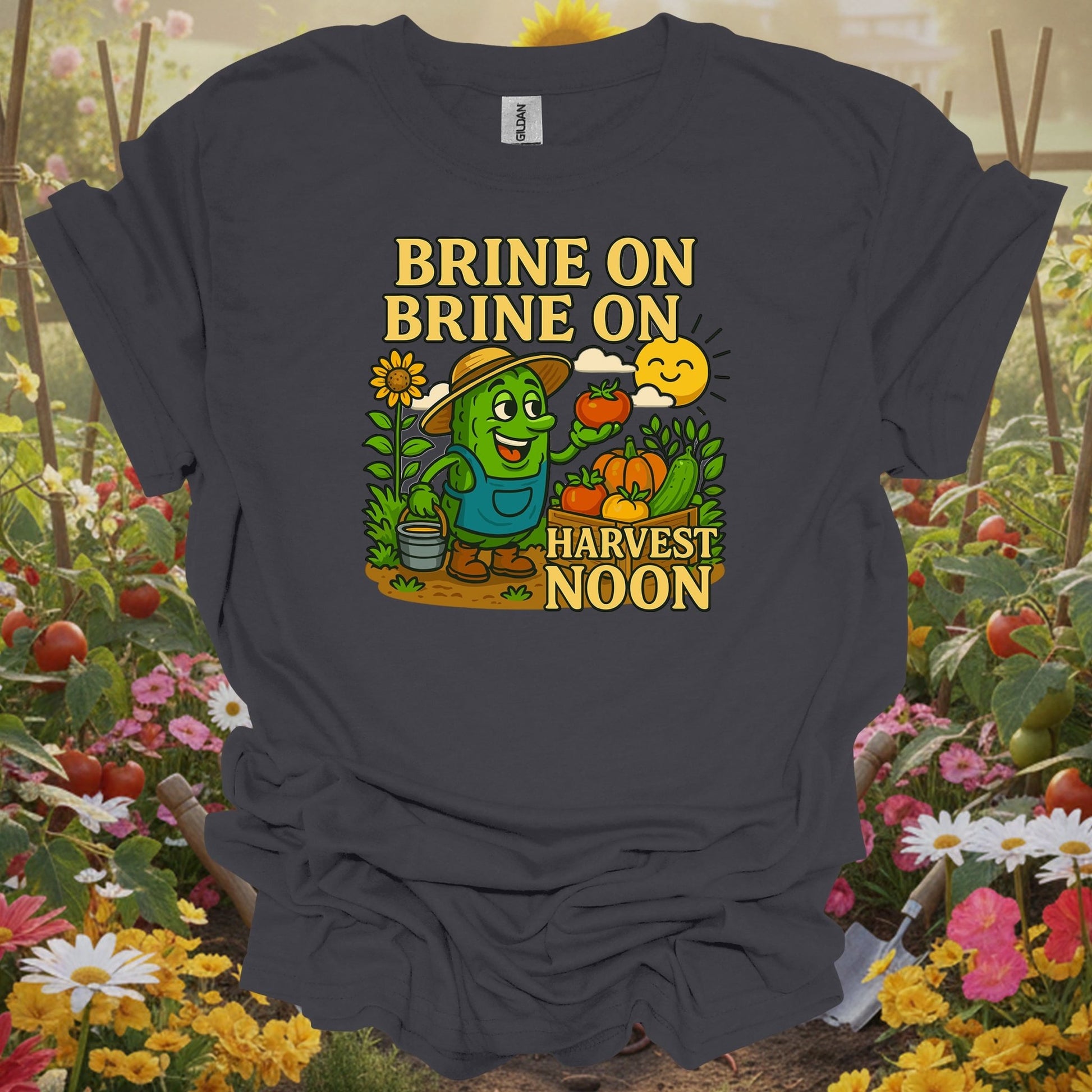 Charcoal tee showing funny pickle with brine on harvest moon pun for garden pun enthusiasts