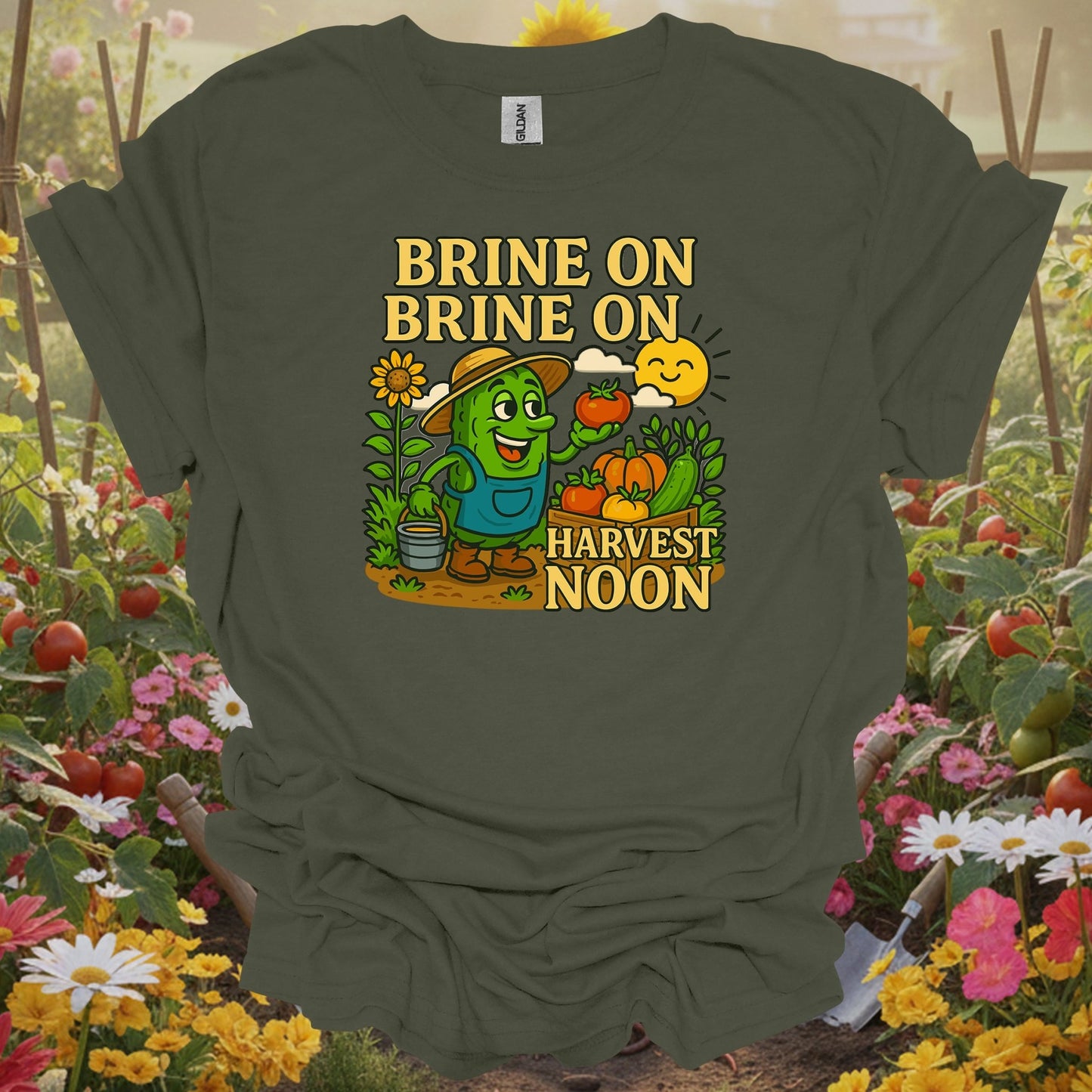 Military Green top showing funny pickle with brine on harvest moon pun for pickle patch keepers