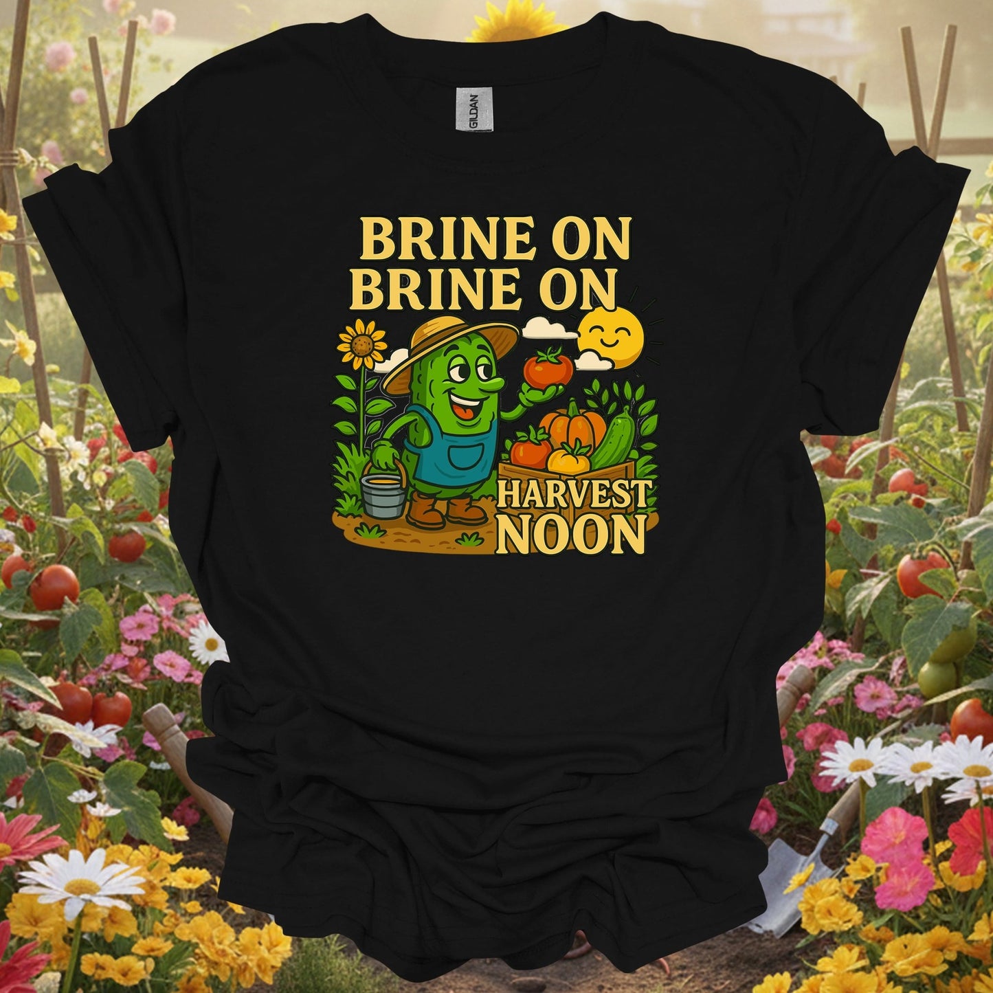 Black shirt showing funny pickle with brine on harvest moon pun for harvest season celebrators