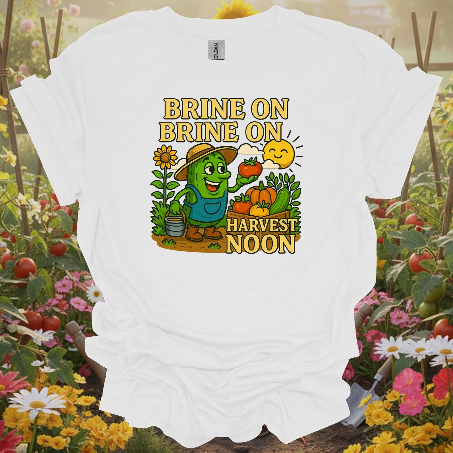 White tee showing funny pickle with brine on harvest moon pun for cucumber growers