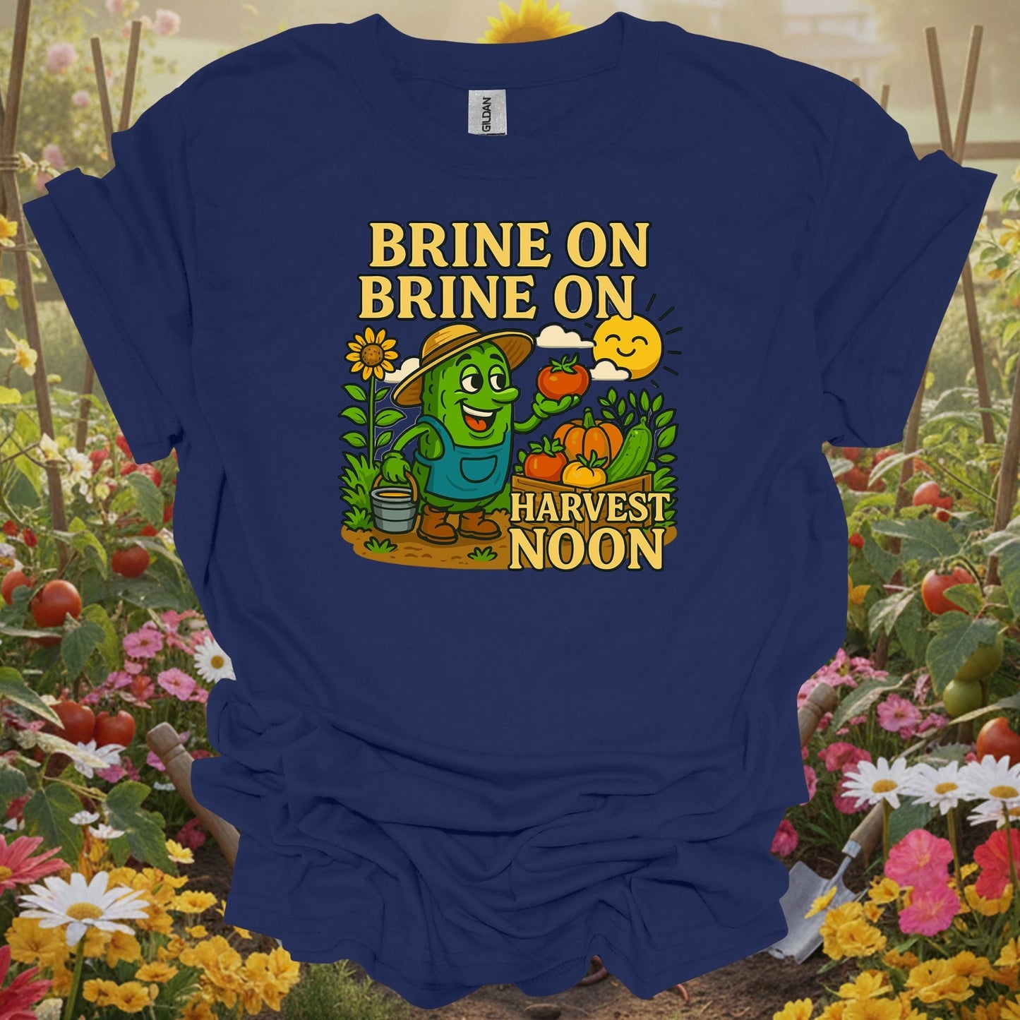 Navy top showing funny pickle with brine on harvest moon pun for pickle gardeners