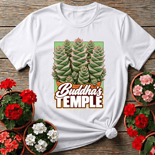 White vintage greenhouse style Buddha's Temple succulent shirt for mindful gardeners