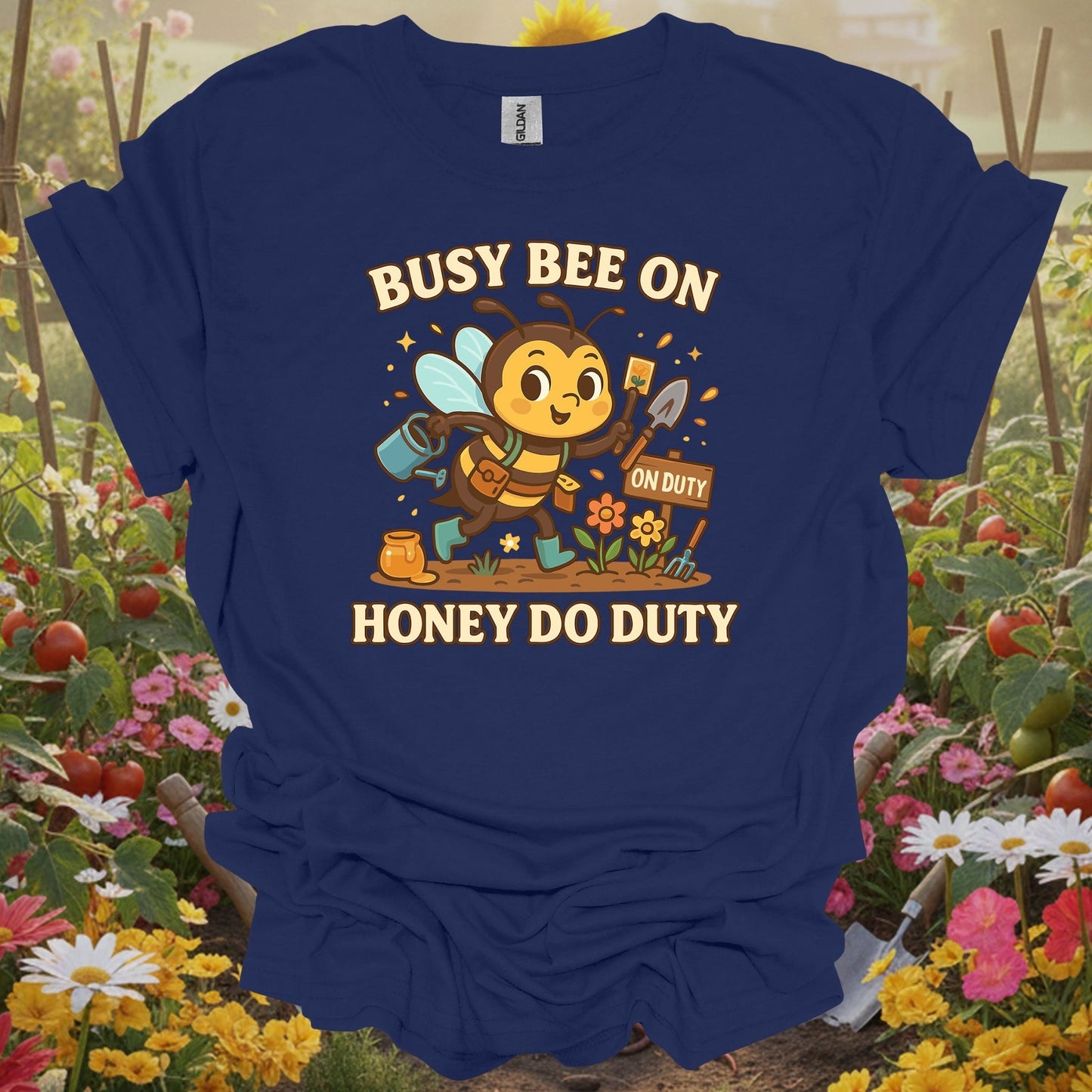 Navy top showing whimsical busy bee on honey do duty for dedicated growers