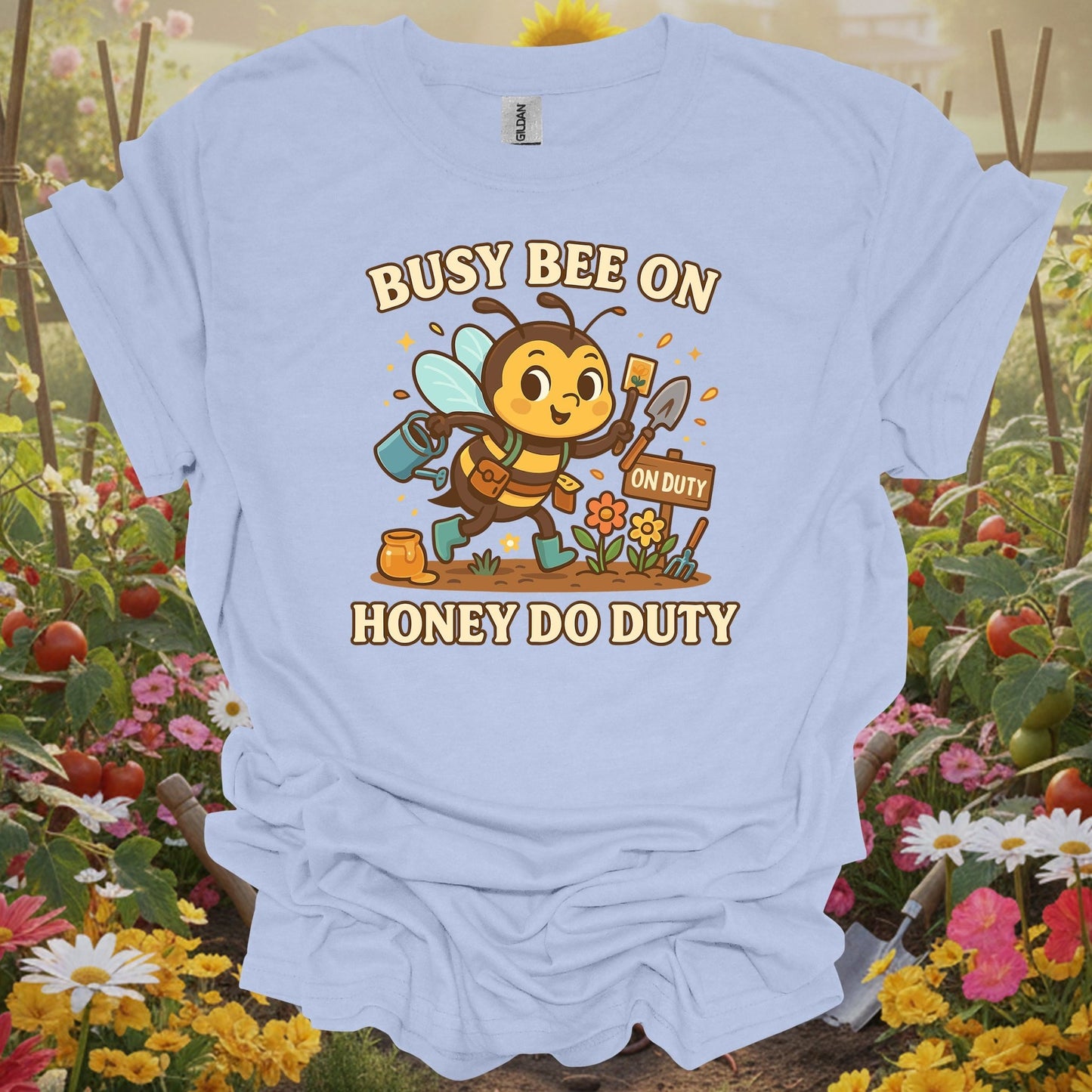 Light Blue shirt showing whimsical busy bee on honey do duty for folks with garden tasks