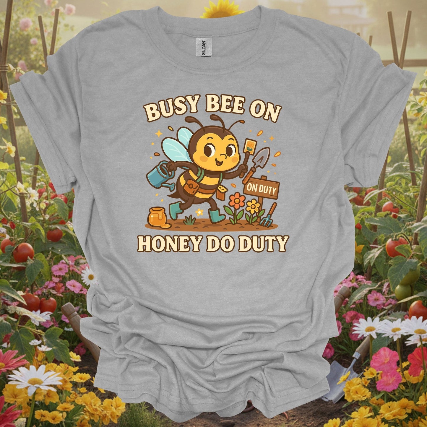 Sport Grey tee showing whimsical busy bee on honey do duty for pollinator supporters