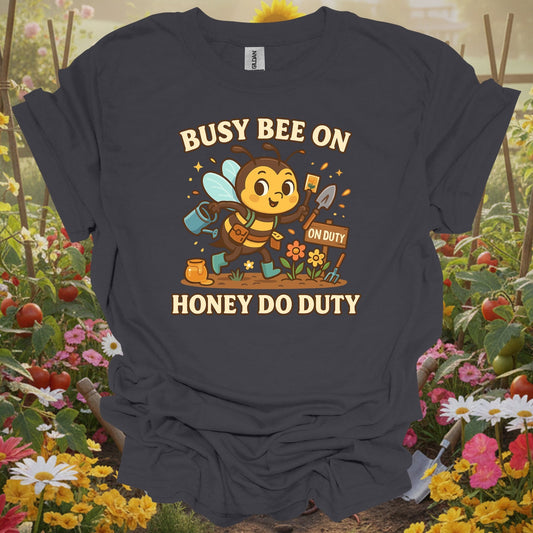 Charcoal tee showing whimsical busy bee on honey do duty for bee enthusiasts