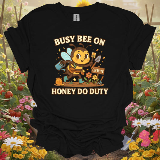 Black tshirt showing whimsical busy bee on honey do duty for hardworking gardeners