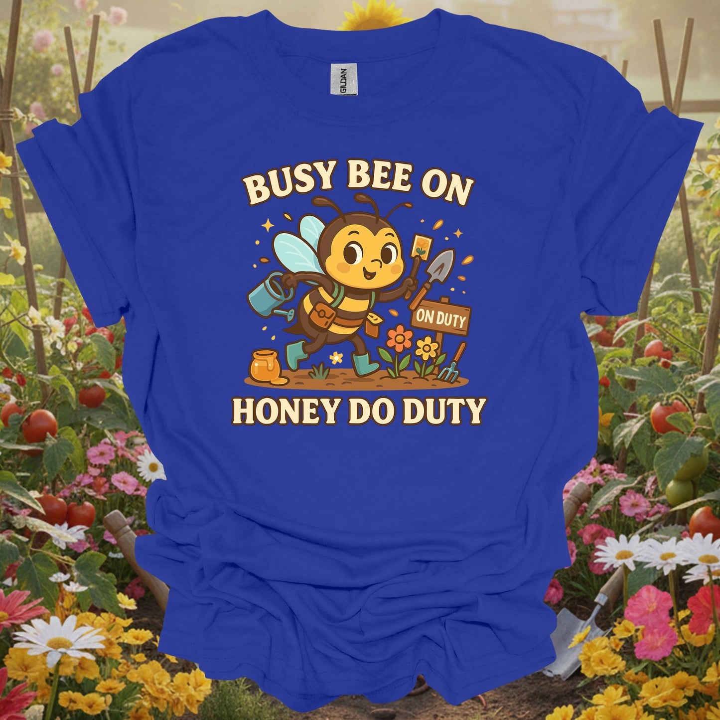 Royal tshirt showing whimsical busy bee on honey do duty for people who stay busy