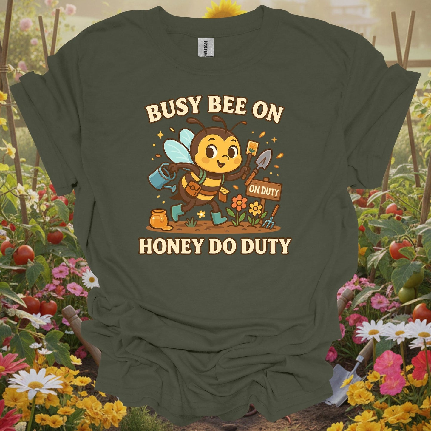 Military Green top showing whimsical busy bee on honey do duty for bee-friendly garden keepers