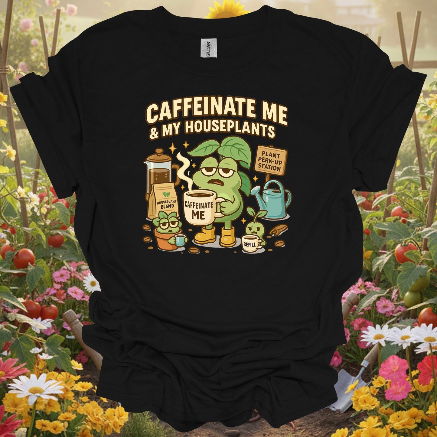 Black caffeinate me & my gardening shirt for coffee lovers, houseplant parents, plant addicts, funny gardeners, and as a h...