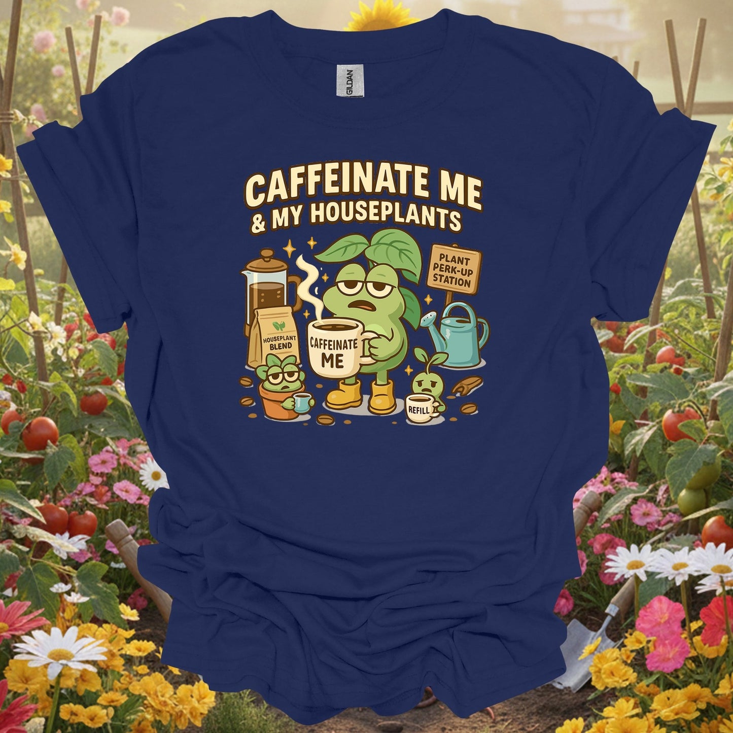 Navy blue caffeinate me & my gardening shirt for coffee lovers, houseplant parents, plant addicts, funny gardeners, and as...